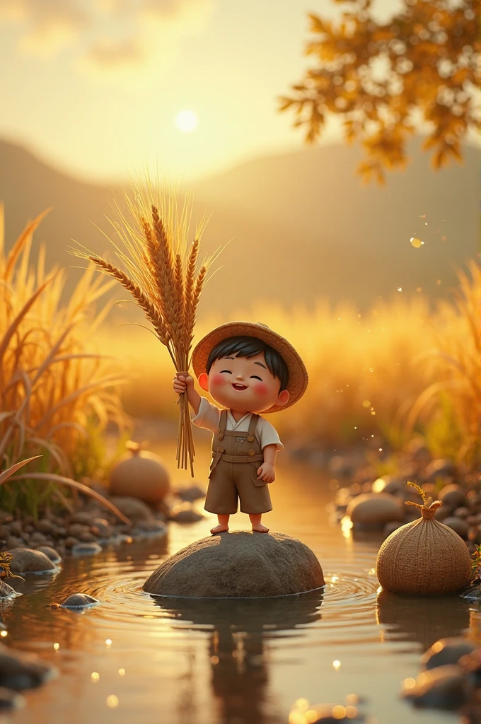Cartoon, kids illustration, farmer pulling seedlings, sweating, straw hat i
