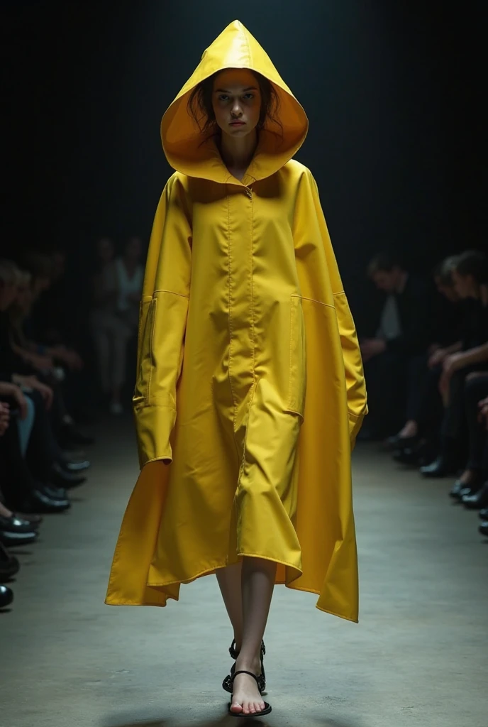 A fifteen-year-old girl,Wear a yellow hooded raincoat,stand posture,full body pov,Bare legged,Barefoot,Standing in heavy rain,Accentuate the texture of raincoats and gelcoats,Accentuates the translucent texture of the raincoat