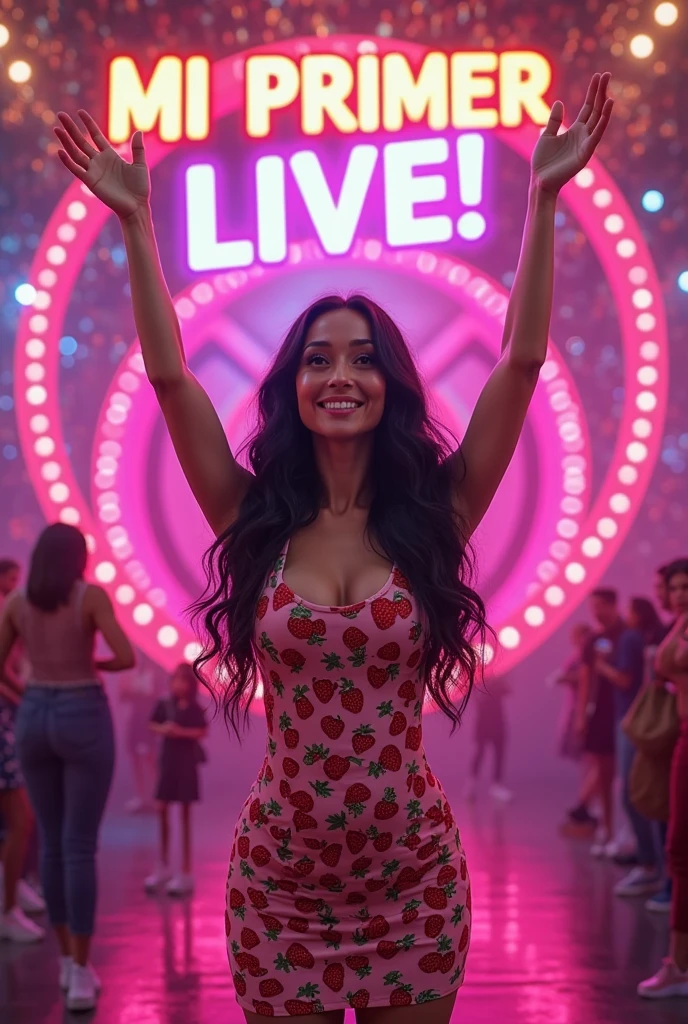 Image of a dark-haired woman with windblown curls, her hair is intertwined, like a flame against the twilight sky., radiating unbridled beauty, Big breasts, wearing a colorful rave outfit at EDC electric daisy carnival in las vegas, rave clothing, sexy rave clothing, big smile