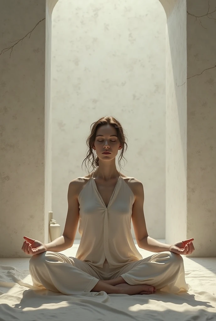 an woman sitting,Extend your arms and legs forward toward the camera,Spread your fingers