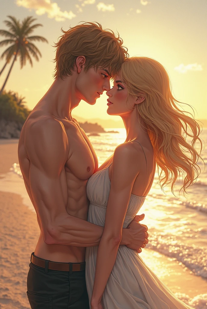 Full image 13 yo muscular white boy with floppy red hair green eyes barefoot wearing very tight light blue bulging speedo standing behind humping against ass of beautiful adult white female shoulder length blonde hair blue eyes barefoot nice  slender body wearing tight yellow two piece bikini bathing suit.