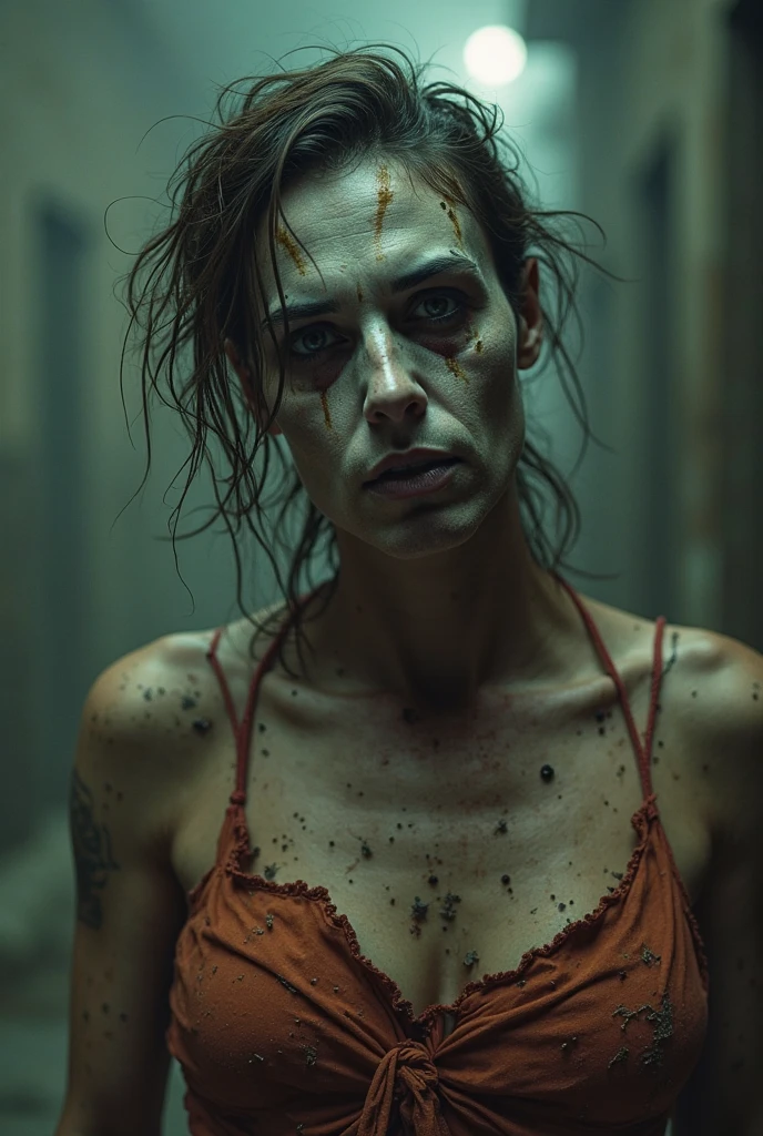 a beggar zombie girl sitting on a toilet in a dirty restroom, extremely detailed zombie decay skin, skull face, decaying body and arms, horror, surreal, dark, gritty, cinematic lighting, dramatic shadows, muted colors, (best quality,4k,8k,highres,masterpiece:1.2),ultra-detailed,(realistic,photorealistic,photo-realistic:1.37)