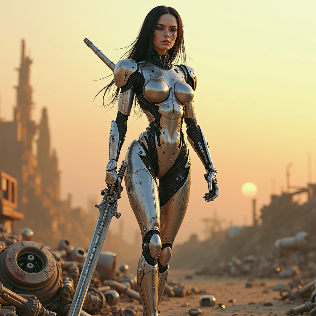 8k perfect beautiful Korean 18 years old cyborg with brown hair standing in the ruin city, intricate, elegant, highly detailed, majestic, digital photography, art by artgerm and ruan jia and greg rutkowski surreal painting, broken glass, (masterpiece, sidelighting, finely detailed beautiful eyes: 1.2), HDR, Full Body included feet, cool post pose.