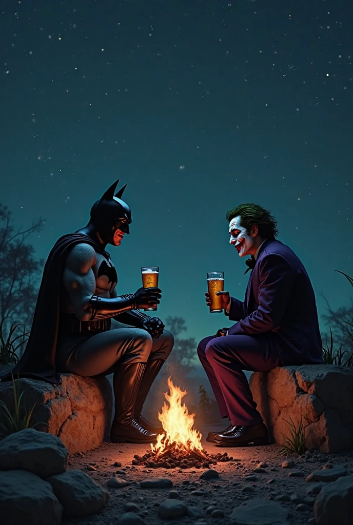 Batman, ghost rider, Spiderman,
siting on the chairs together on the beach late night, smoking cigarettes