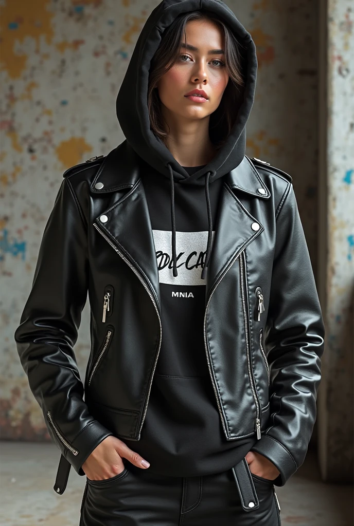 Russian milf, platinum blonde hair in ponytail ,with very light blue eyes, pale, heavy makeup. Wearing black moto jacket, rock t-shirt , black leather jeans and white tennis sneakers. Leaning on a wall and smoking. Serious face. 