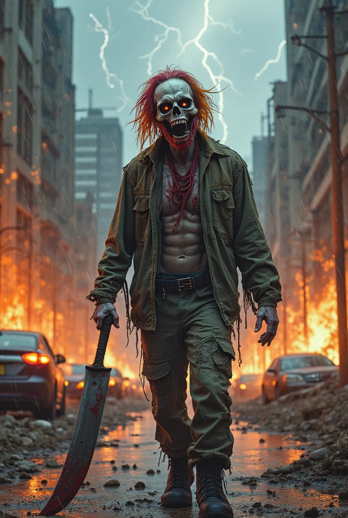 a man with red hair. He wears a black t-shirt, blue jeans and white sneakers. He leans back slightly, laughing aloud. His arms are out. His eyes are scary. His skin is very pale and he has black veins running through his arms. He has red blood on his hands and on all his clothes. You can see him in profile. Around him are burning ruins and buildings. [Man] [Bad] [Red Blood] [Laugh] [Scary]