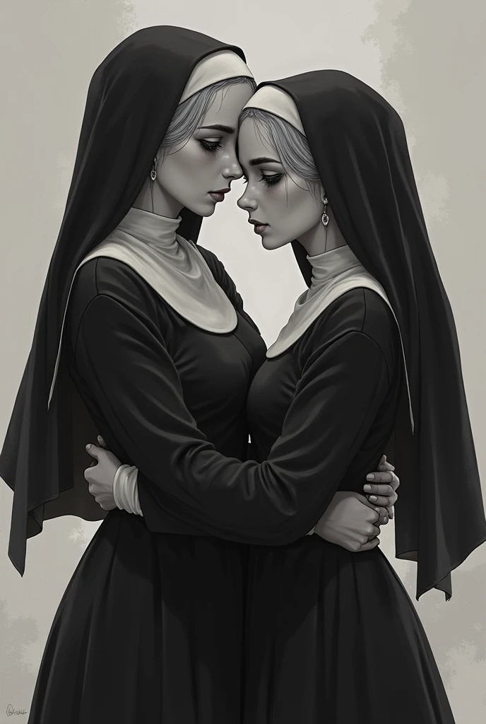 a passionate kiss between two sexy devil nuns, gothic horror, black and white illustration, detailed faces, long eyelashes, beautiful lips, morbid gothic background, dark twisted atmosphere, macabre elements, gloomy lighting, death and decay, moody shadows, dramatic chiaroscuro, haunting, sinister, occult, mysterious