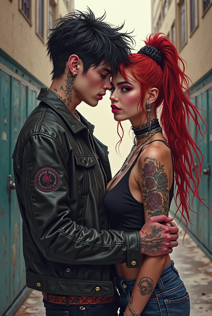A homosexual couple, a boy with black hair, moreno, tattooed, Mexican and a boy with red hair, white, with a red dragon tattoo and with Chinese. In a romantic pose