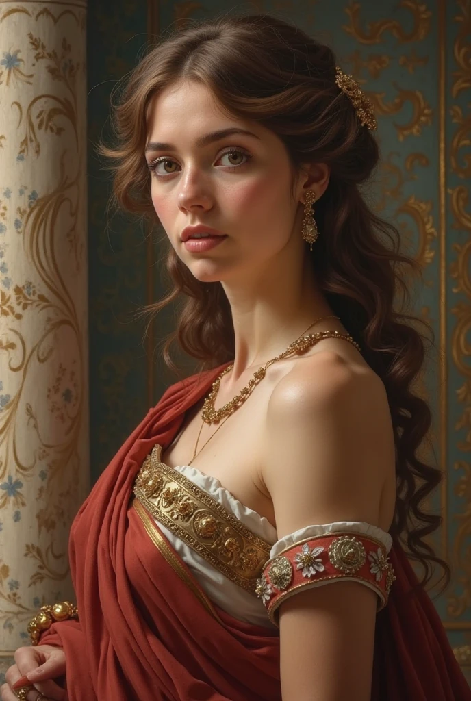 portrait, girl, middle ages, classicism, andrey atroshenko style, painting, pierced eyes, beautifully styled hair, traditional media, realistic, figurative, fine art, oil on canvas, HDR, 8K, original character, high resolution, vivid colours, high detail, focus on the face, beautiful eyes