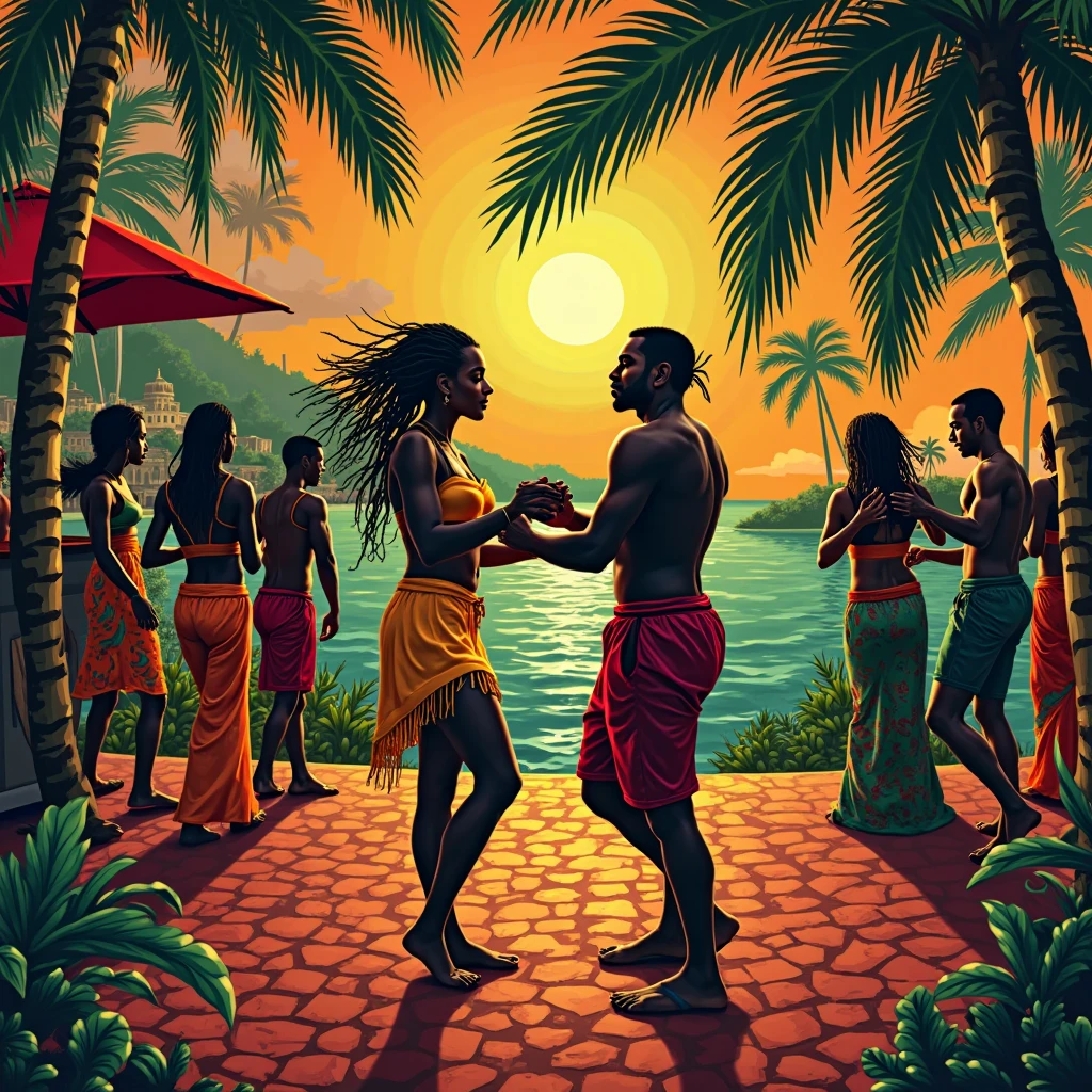 Deux joueurs de capoeira, ils sont noirs, il y a des joueur de gros tambour Digital art, cartoon graphism. La scène se passe dans la caraïbe le soir, au clair de lune