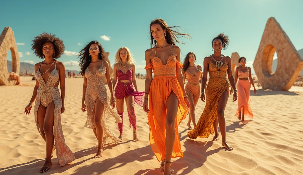 1970s photo of multiple beautiful multiracial women in sexy 1970s attire, they are wearing diamond jewelry, they are on the beach, from behind, cinematic action, cinematic lighting, backlighting, masterpiece, anatomically correct, textured skin, super detail, 8k atmospheric perspective, depth of field,
