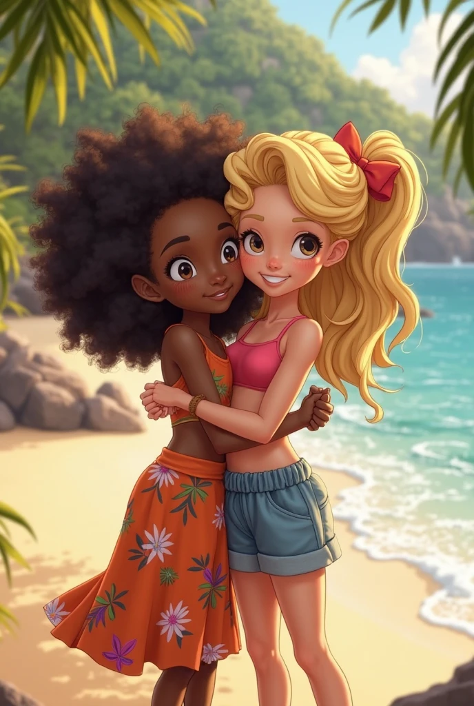 blonde very white skinned happy teen girl who is wearing a red bikini punching the belly of a black skinned braid haired scared teen girl who is wearing a blue bikini.