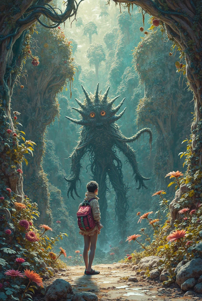 An image of Lucas in a spooky forest full of spirits
