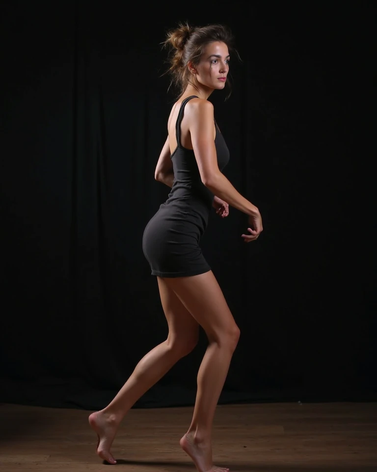 Skin texture, no makeup, Super high res photo of a woman with wavy long hair, Canon, 85mm,cinematic, high quality, medium shot looking at the viewer, full body, perfect hips, oiled body, black sheer crop top, pantyhose tights, platino 15 denier seamless gloss tights, ((tulle)) sheer micro tutu you can see sheer tights under