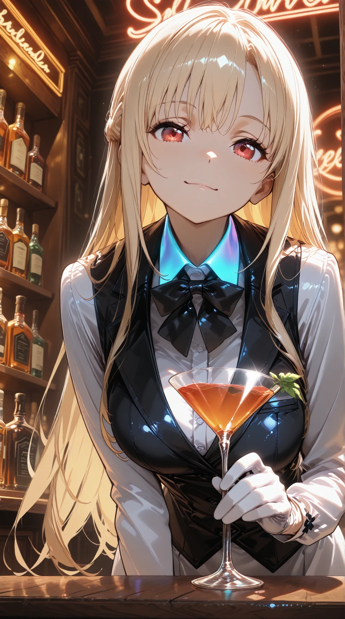 最high quality、best image quality、masterpiece、teenage girl((20-year-old、 By becoming、vest bust、medium bust,wide open breast tea、shining eyes, blonde hair、long hair、thin,highest valley、ponytail、Bartender costumes、mini skirt、holding a wine bottle、smile、black gloves、chest holder)),high quality、beautiful art、background((night bar))debris flies、Depth of written boundary、movie、visual art、perfect art、8k,genuine、
