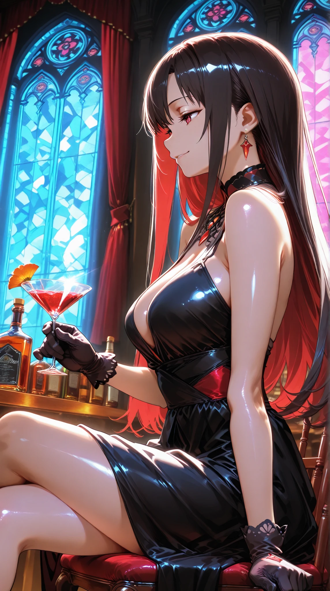 best quality, 4k, high resolution, masterpiece:1.2, extremely detailed), sad expression looking at the camera, Large Breasts, 30 years old girl, solo, black hair, long hair, blue eyes, (drunk, blush), sitting, drinking, ((Mature sexy body)), Black stockings, Black tight skirt, Mature sexy body, holding mug, counter, bar, (Stylish bar) indoors, ((Cocktail glass) full of colorful liquor), (Dimly lit room), Wine bottle, Detailed background, Fluffy hair, ((((Night background))))), (((In the bar))), Wine, Whiskey, Highball, (Shiny glow, Effect:1.2)