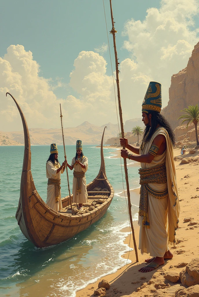 Photo of Arab men, raw, Strong and determined figures, ((Fishing with net in a boat on the Nile River)), ((Ancient Egypt era)), ((Pyramids in the distance)), ((Portrait)), ((Detailed faces:1.2)), ((rough and weathered skin)), ((sun-kissed and tanned)),, wrapped in traditional clothing, Boat environment, Sitting in the boat, (Earthy warm colors), Wet and reflective water, Reflectors, (Masterpiece) (perfectly proportions)(photos realistic)(Best Quality) (Detailed) photographed in a Canon EOS R6, 24-70mm Lens, F