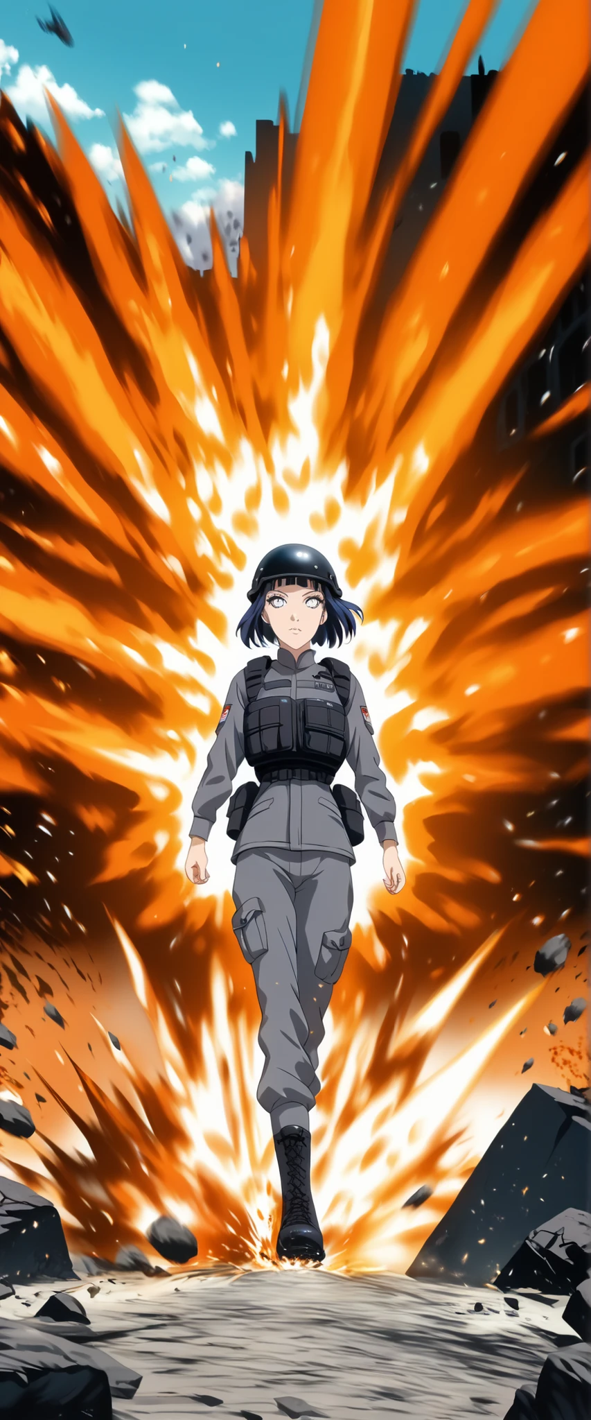 (masterpiece),(Highest quality),(High resolution),(Very detailed),One Woman,Japanese,Dark Blue Hair,Short Bob, White Eyes, Beautiful Eyes,Long eyelashes,Beautiful Hair,Beautiful Skin,strict,whole body,break(((Huge explosion behind woman))),Jump to escape the explosion,(Dynamic Movement),((ピストルを持っている:1.3)),SWAT Uniforms,Black bulletproof vest, Combat Boots,Black Tactical Forster,Tactical Headset,Tactical Helmet,(The background is the rubble of ruins),(((Background Blur))), JSDF ELITE UNIT, Unleashed her Magic Power, Rune Magic structure as Background.