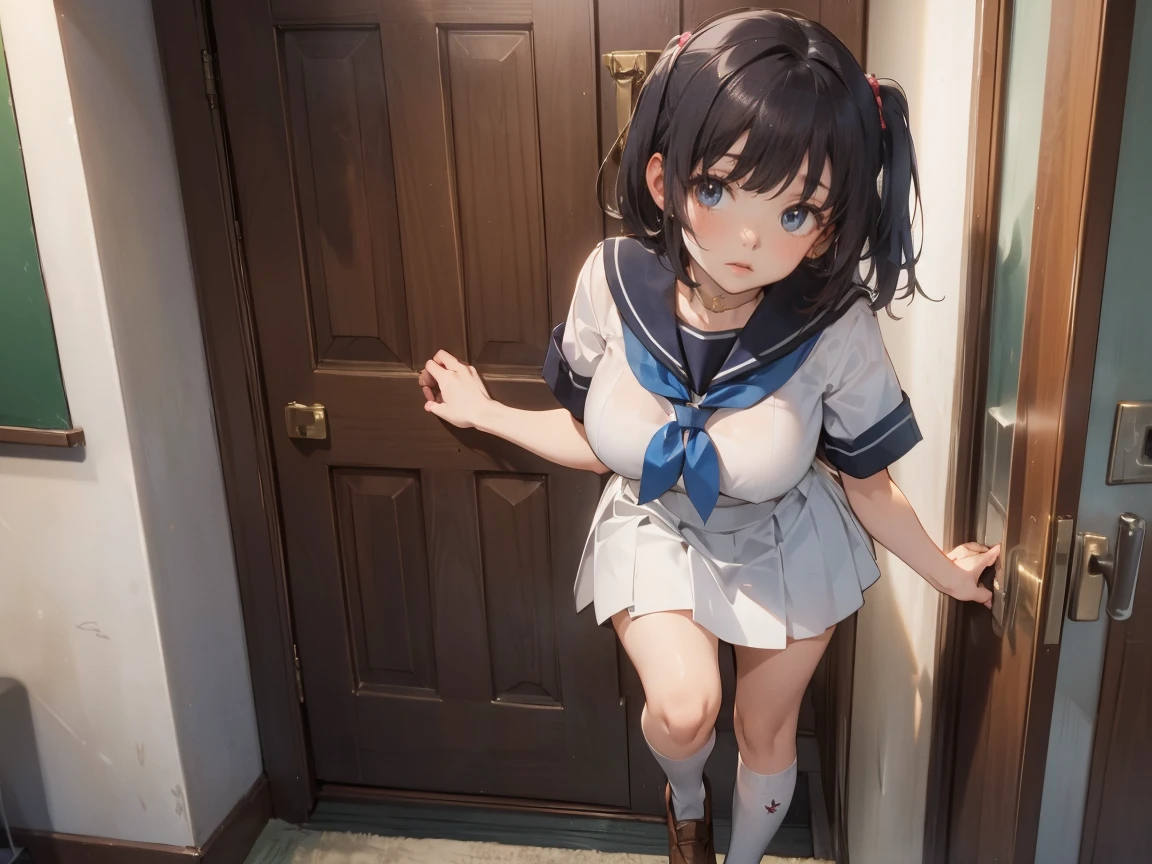 highest quality,wonderful,finely,extremely detailed CG Unity 8K wallpaper, (1 girl, Black Hair, double bun), (huge breasts:1.1),(off-shoulder sailor uniform:1.3), (zettai ryouiki:1.4)