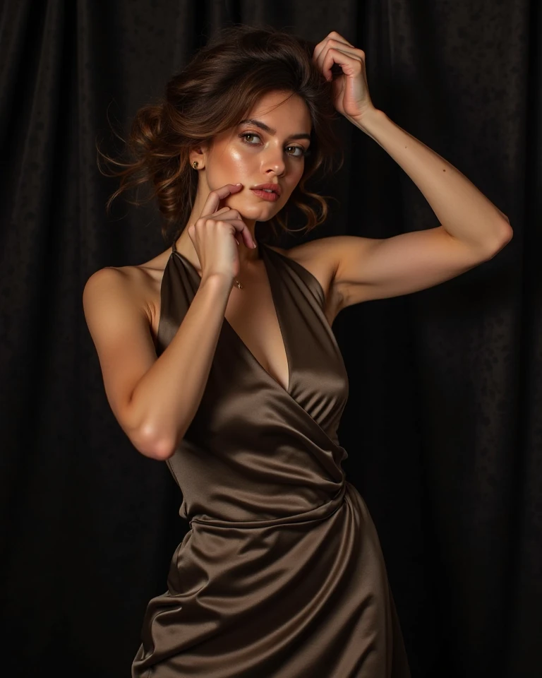 a young woman, beautiful detailed eyes, beautiful detailed lips, extremely detailed face, longeyelashes, long flowing hair, elegant graceful pose, fashion model, dramatic studio lighting, colorful vibrant dress, (best quality,4k,8k,highres,masterpiece:1.2),ultra-detailed,(realistic,photorealistic,photo-realistic:1.37),professional fashion photography,dynamic composition,dramatic shadows and highlights,cinematic color grading,high-end fashion editorial
