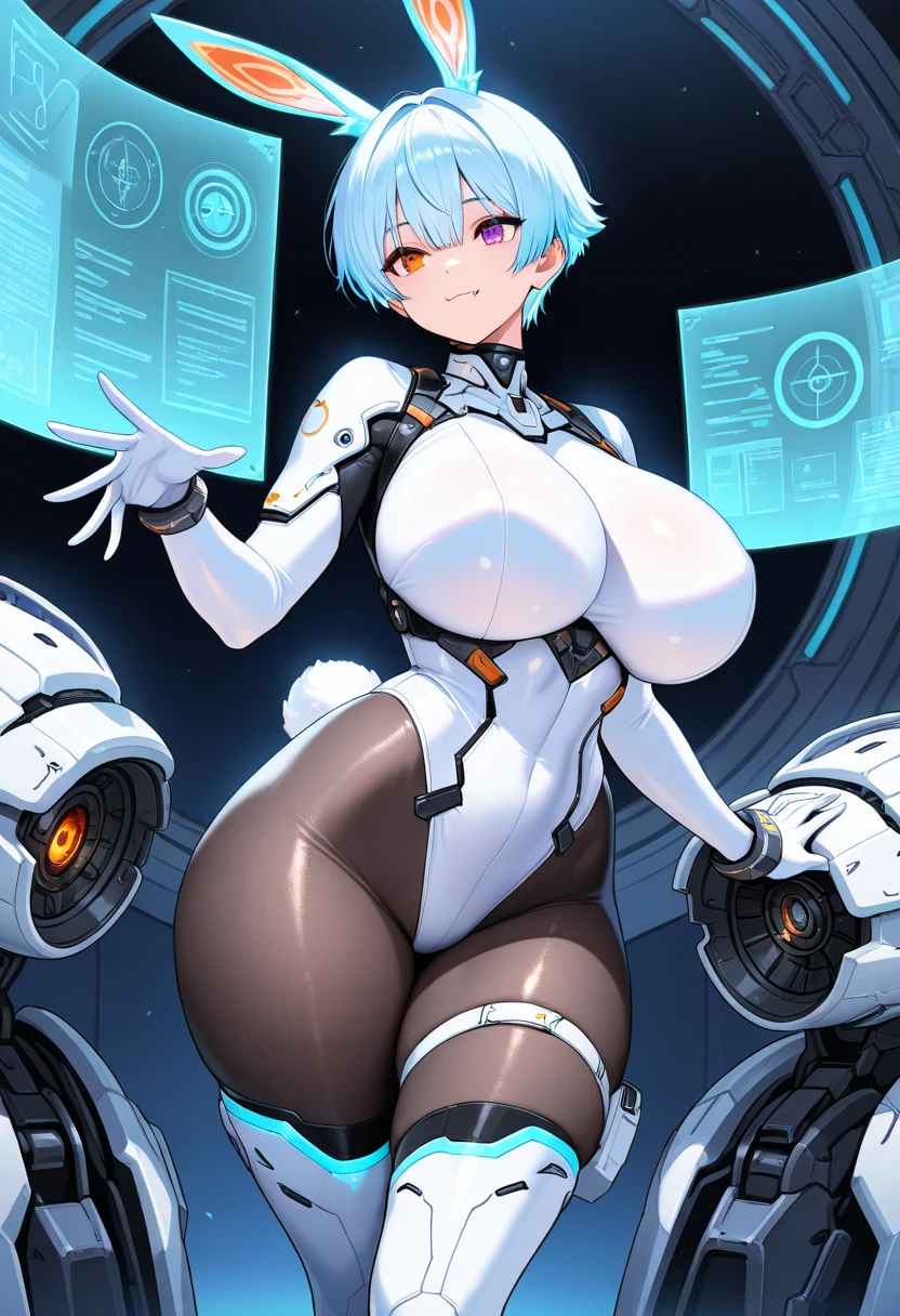 1girl, wide hips, thick thighs, breasts, large breasts, futuristic, tech, science-fiction, machinery, blue hair, very short hair, yellow eyes, light smile, smile, bodysuit, white bodysuit, blue trim, thigh strap, cleavage cutout, cleavage, cameltoe, gloves