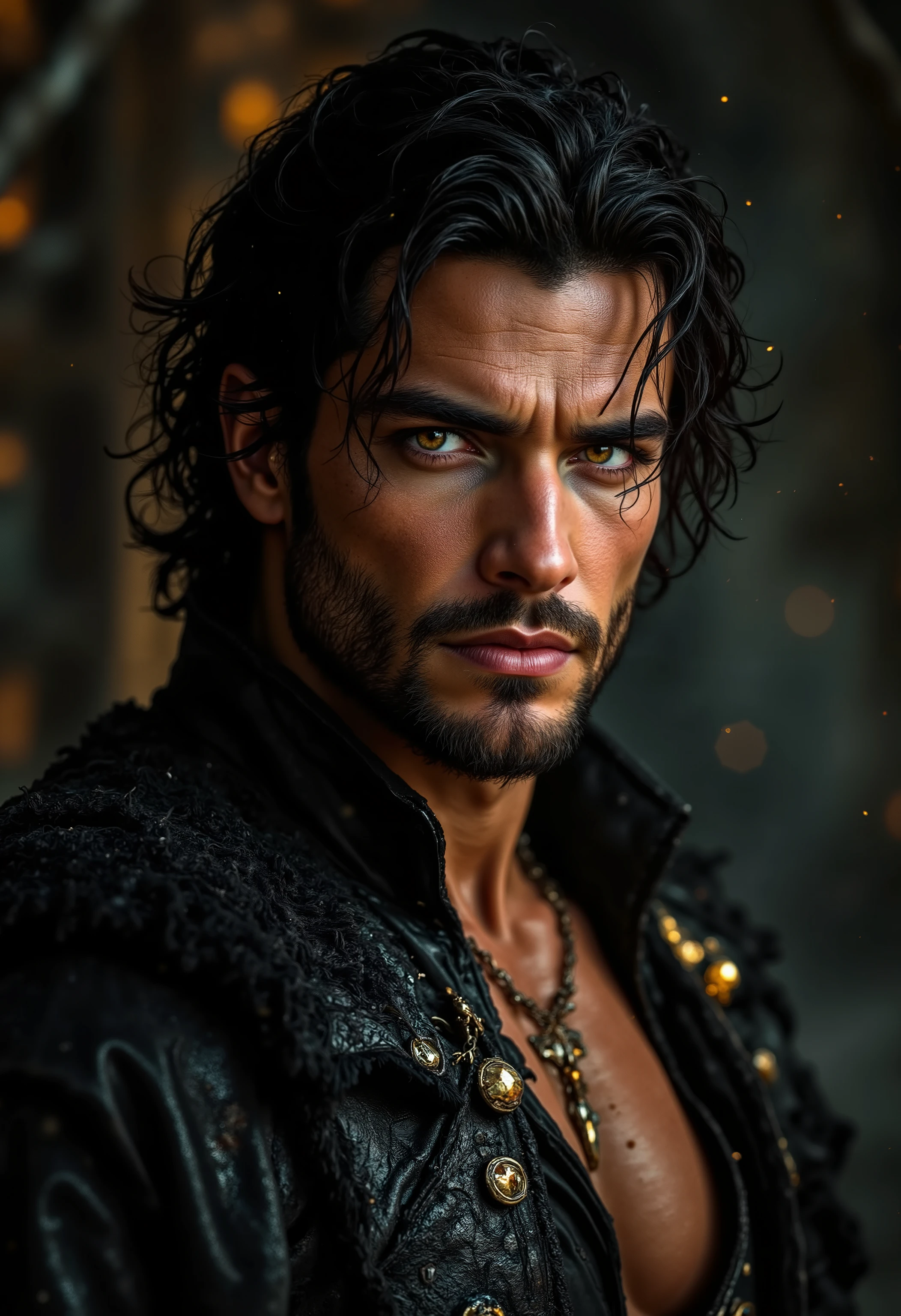 A hyper-realistic, cinematic portrait of a clean-shaven, 29-year-old, incredibly handsome man. He is tall and muscular with broad shoulders, wearing black fitted leather attire with intricate medieval-inspired details. His jet-black windblown hair frames his smooth tawny-brown skin and sharply defined square jaw. Piercing gold-flecked onyx eyes exude intensity and power. The scene is illuminated by a golden-hour glow, with soft shadows and a moody, dimly lit background. Highly detailed, dramatic lighting, ultra-sharp, depth, 4K resolution, cinematic style