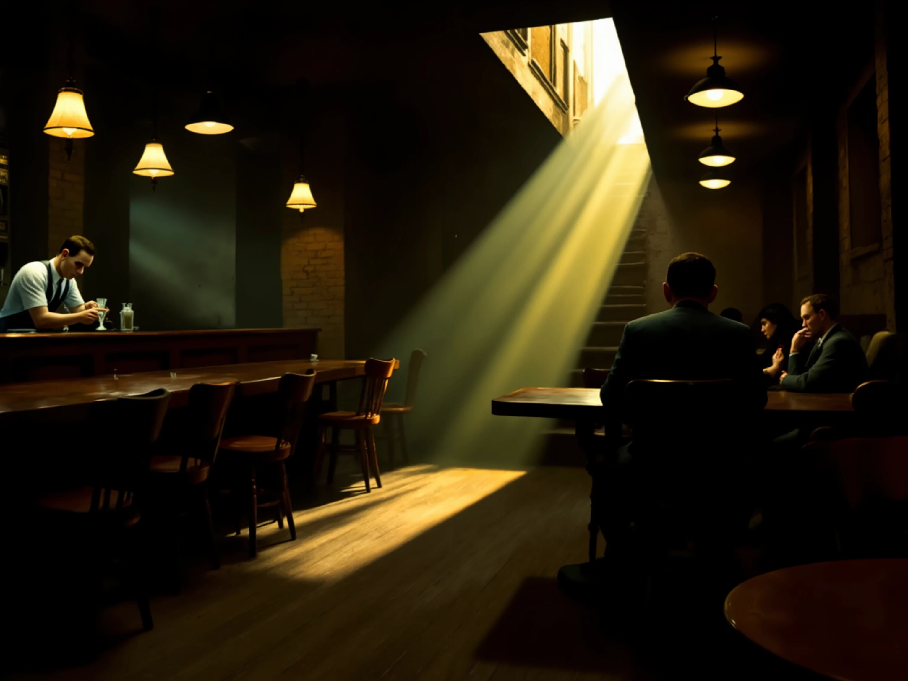 A cinematic, moody interior of a 1920s speakeasy rendered in the style of Edward Hopper. The composition features angular shadows and golden lamplight spilling across wooden floors and tabletops. A lone bartender polishes a glass behind the bar, while a small number of isolated patrons—each lost in thought—sit apart at tables, never interacting. The walls are bare brick and the furniture sparse but authentic to the era. Light pours in through a hidden side window or stairwell, casting dramatic shadows and slicing the gloom. The figures are simplified and slightly melancholic, with flat color planes and softened detail. The mood is still, reflective, and slightly surreal—as if time has paused in this forgotten basement bar. Emphasize Hopper’s use of contrast between warm light and dark space, and the emotional distance between figures.