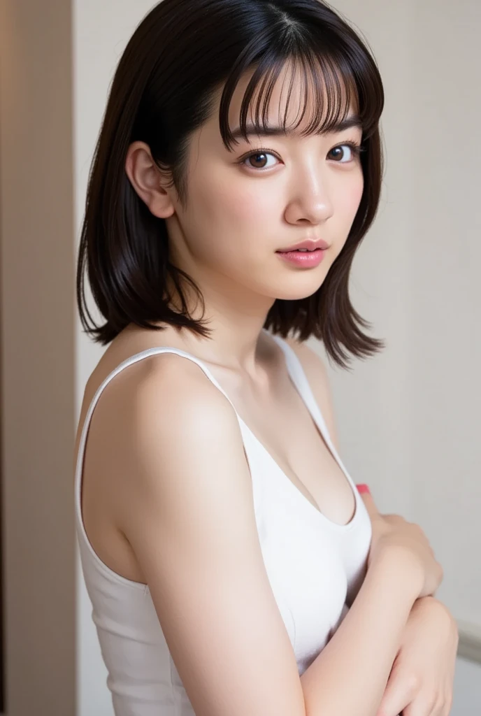 1girl, 2 woman, cute face, Small breasts, medium breasts, large breasts, beautiful face, (perfectly detailed face), ((looking at viewer)), Simple Background, ((white background)), ((white wallpaper)), White skin, (bright lighting:1.2), perfect lighting, photorealistic, (bokeh), UHD, anatomically correct, highres