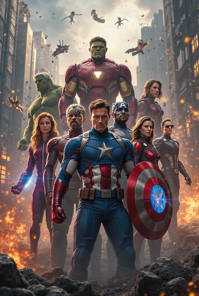 (best quality,4k,8k,highres,masterpiece:1.2),ultra-detailed,realistic,photorealistic:1.37,Marvel Avengers,all characters together,captivating vibrant colors,action-packed scene,dynamic composition,superheroes fighting evil,iconic Marvel superheroes,captivating facial expressions,emblematic costumes,powerful and intense emotions,spectacular visual effects,epic battle sequence,special powers in action,detailed facial features of each character,accurate portrayal of each superhero,fierce determination in their eyes,majestic superhero poses,heroic team unity,strong and defined muscles,expressive body language,explosive energy and motion,destructive powers in full display,immersive Marvel universe,realistic shadows and highlights,professional superhero portraits,stunning cinematic lighting,scenic background showcasing cityscape,dramatic atmosphere,awe-inspiring superhero lineup,stunning attention to detail,attention-grabbing composition,impressive superhero dynamics,Marvel comic book vibes,highly detailed costumes,intricate superhero insignias,perfectly captured superhero moments,heroic personalities shining through,unforgettable masterpiece portraying Marvel's legends.