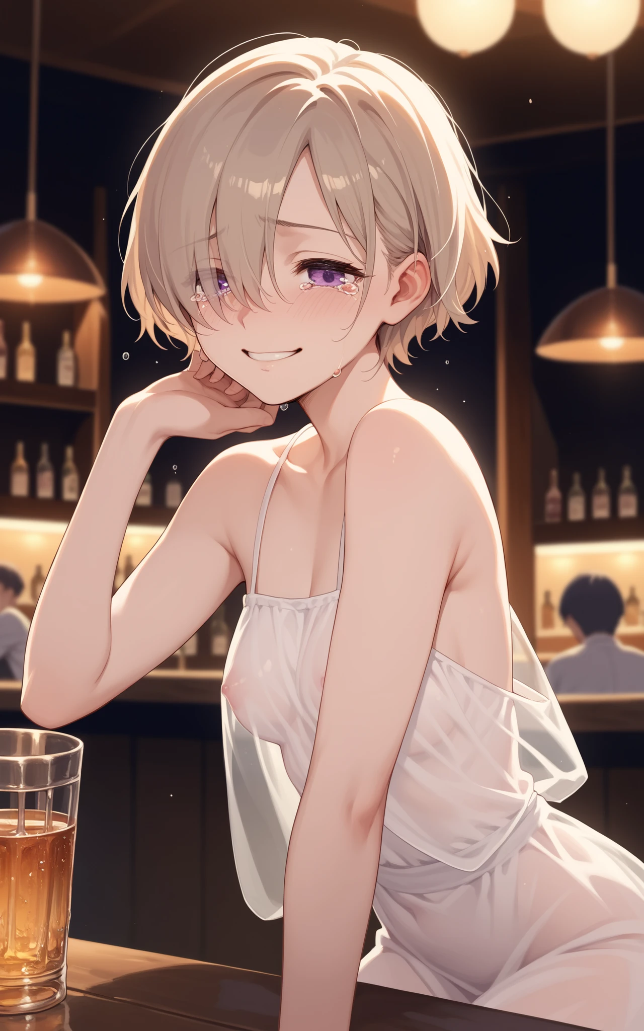 female, bronze  hair, hair over one eye, very short hair, purple eyes, bar, see through, dress, nude, Bashfulness, cry, shame, sobbing, wry smile, sad, tear, night, anime, tsurime, 