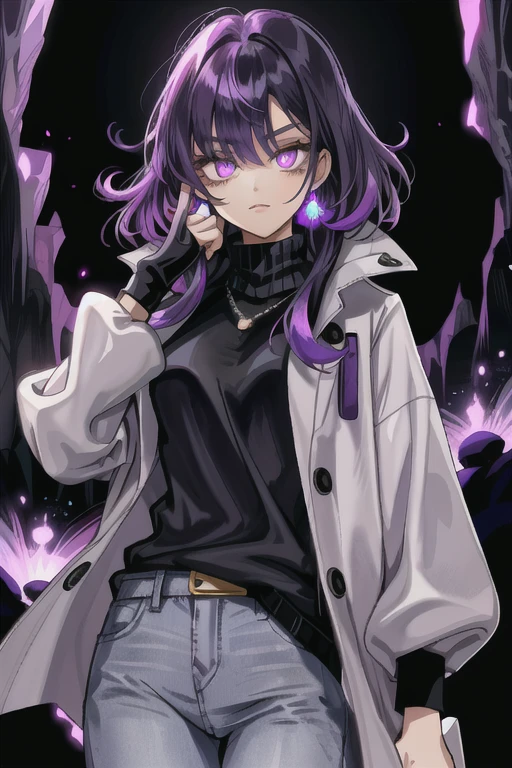 a girl Wearing a very unique casual styled outfit, purple shadows hollow surrounding her, her expression is mostly blank and neutral, with eyes slightly open and a straight mouth, (nude:0.5), weapons that are made out of purple shadow swirling in the air, more weapons made out of black and purple shadows are floating around her, in a Dark and dramatic background, Hints her power theme and sparks to illuminate the characters, detailed gorgeous face| anime style| key visual| intricate detail| highly detailed| breathtaking| vibrant| panoramic| cinematic| Carne Griffiths| Conrad Roset| gibbli 8k