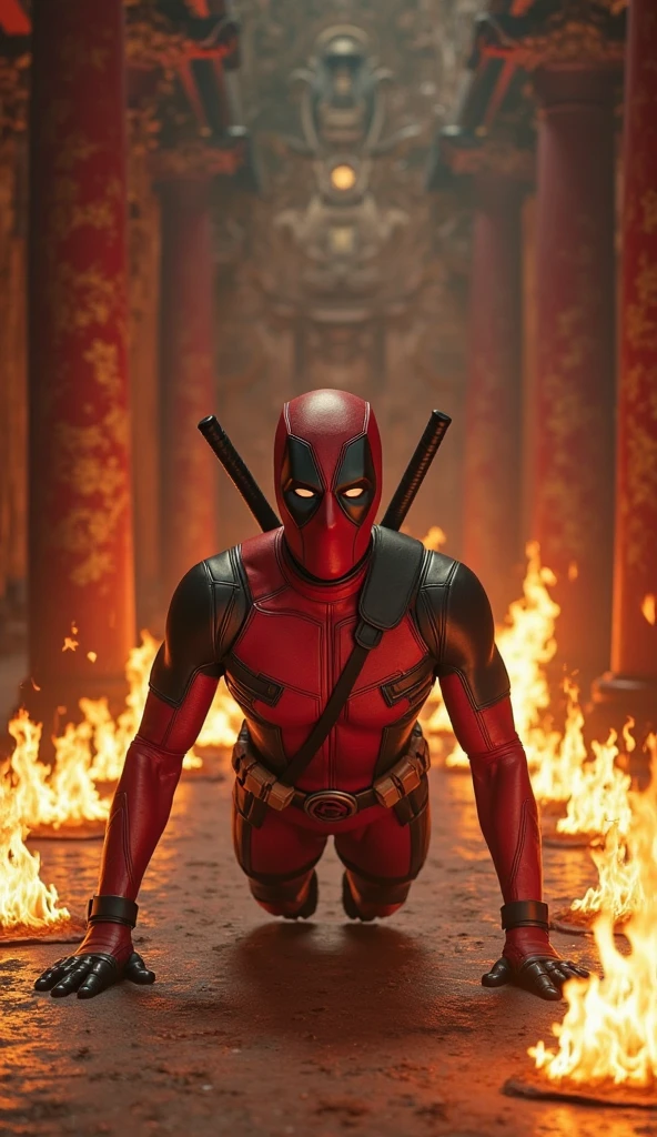 (photorealism:1.2), (HDR quality), (realistics), the wolverine claws on deadpool chest(sharps claws), deadpool with his one hand is raise peace mark fingers, at the traditional market(detailed situations and conditions), many people watching them