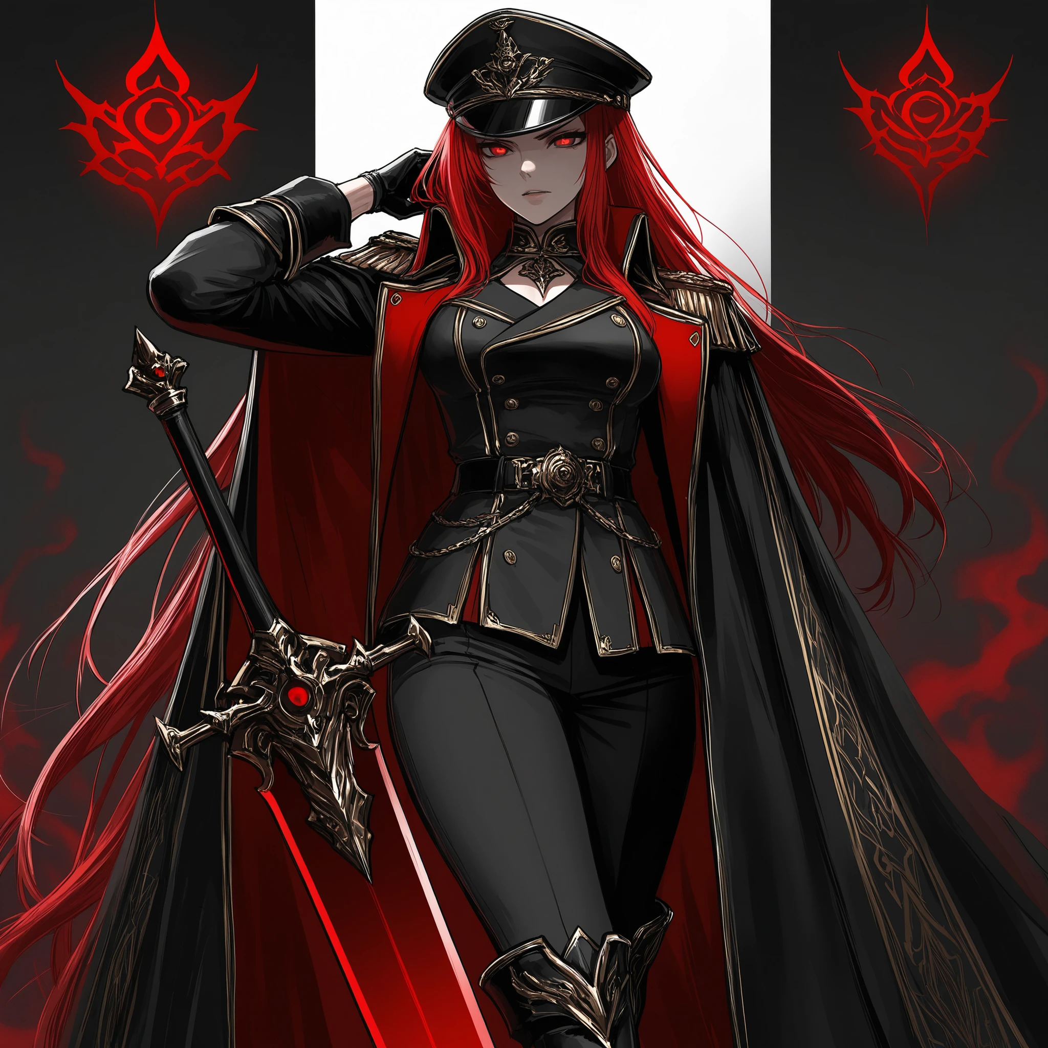 A digital painting of a fantasy-style character, Nirvana, a strong yet haunting figure in a dark fantasy world. Nirvana has long white hair with a touch of red at the tips, styled in loose waves. Her eyes glow with a red hue, showcasing the inner power and intensity she possesses. She is dressed in a high-ranking military-inspired outfit, like that of a general, with intricate gold and red detailing on the shoulders and chest. Her uniform is a mix of classic military attire and Gothic elements, including a sharp tailored coat with a long flowing red cape attached at the shoulders.

The coat features gold epaulets, and the uniform has metallic accents and chains, giving off a militaristic, yet regal vibe. The look is complete with black gloves, tall boots, and a prominent military hat adorned with a golden emblem, slightly tilted back to give off a commanding presence. She holds a sword at her side, the hilt decorated with dark, intricate engravings. The background is filled with a dark, ominous atmosphere, with a swirling red aura surrounding her, symbolizing her dark power. The setting is dramatic, with flashes of red lighting and an imposing aura, giving her an unapproachable, otherworldly presence.