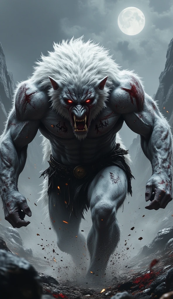 Man turning into a white werewolf in the middle of a battle with several people, realistic, Full HD, best quality