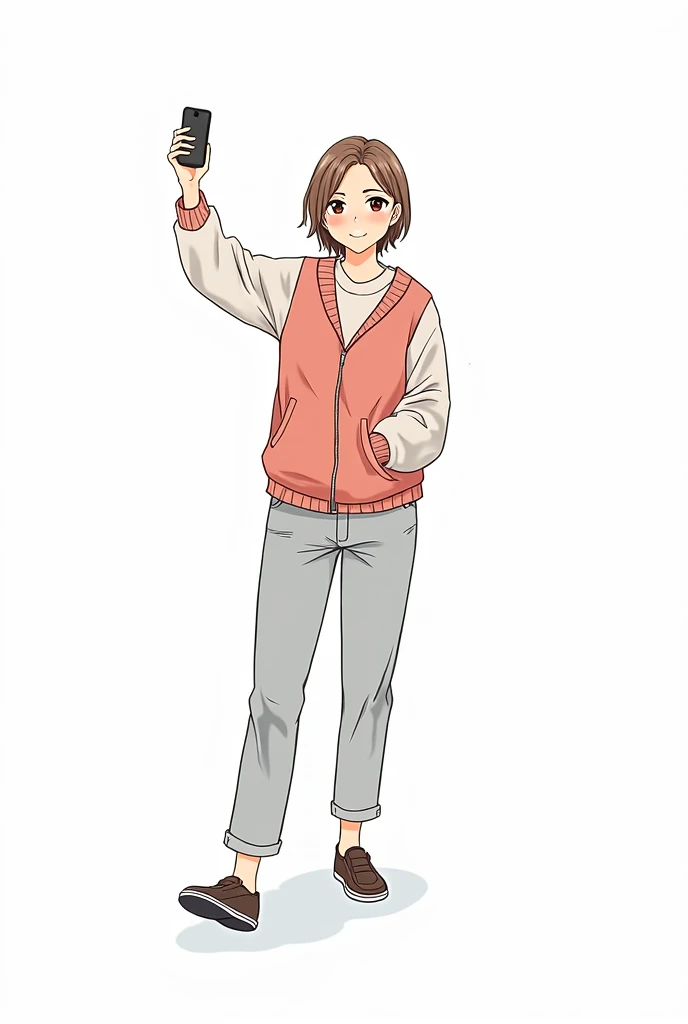 Girl beatiful, greeting, Clothes minimalist, brown hair, cartoon anime drawing, jeans, jacket, Top quality, high quality color photos, photography) anime kawaii , Kawaii cartoon drawing, casual wear, soft elegant, jeans, jacket, Top quality)