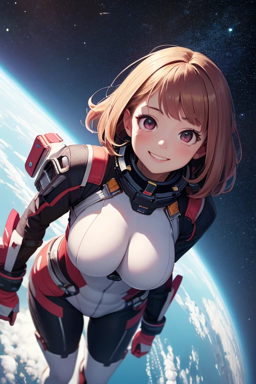 1girl, short salmon pink hair, twintails, blue eyes, salmon pink spacesuit