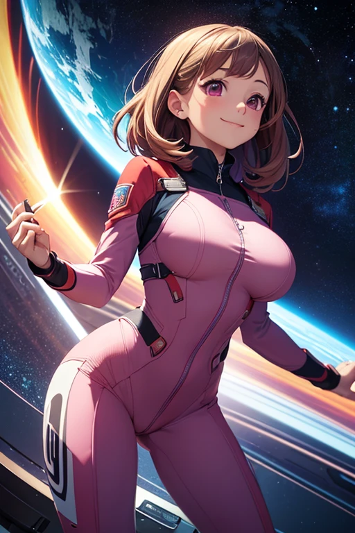 ((masterpiece, best quality;1.3)), ultra detailed, detailed background, 1girl, solo, smile,   bodysuit,ochaco uraraka, looking at viewer, large breast,pink suits,, ((completely nude)), ((breasts and areolas exposed)), ((vagina and clitoris and vulva exposed)),
school background, zero gravity,realistic, galaxy, space, flying
