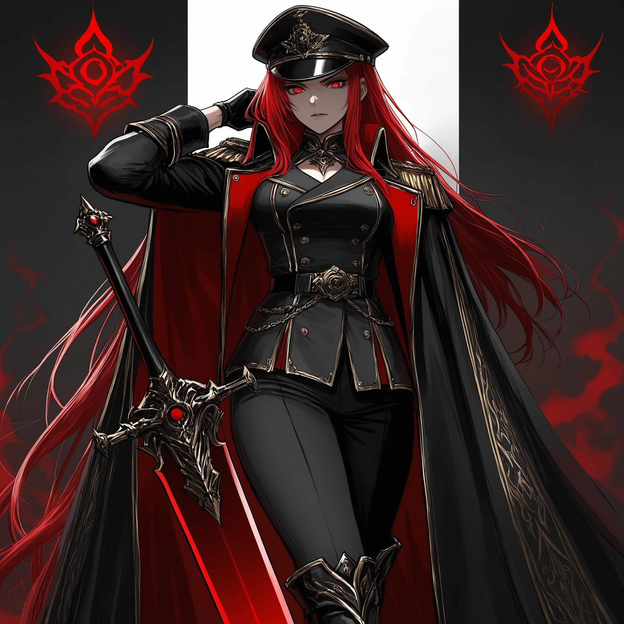 A digital painting of a fantasy-style character, Nirvana, a strong yet haunting figure in a dark fantasy world. Nirvana has long white hair with a touch of red at the tips, styled in loose waves. Her eyes glow with a red hue, showcasing the inner power and intensity she possesses. She is dressed in a high-ranking military-inspired outfit, like that of a general, with intricate gold and red detailing on the shoulders and chest. Her uniform is a mix of classic military attire and Gothic elements, including a sharp tailored coat with a long flowing red cape attached at the shoulders.
The coat features gold epaulets, and the uniform has metallic accents and chains, giving off a militaristic, yet regal vibe. The look is complete with black gloves, tall boots, and a prominent military hat adorned with a golden emblem, slightly tilted back to give off a commanding presence. She holds a sword at her side, the hilt decorated with dark, intricate engravings. The background is filled with a dark, ominous atmosphere, with a swirling red aura surrounding her, symbolizing her dark power. The setting is dramatic, with flashes of red lighting and an imposing aura, giving her an unapproachable, otherworldly presence.