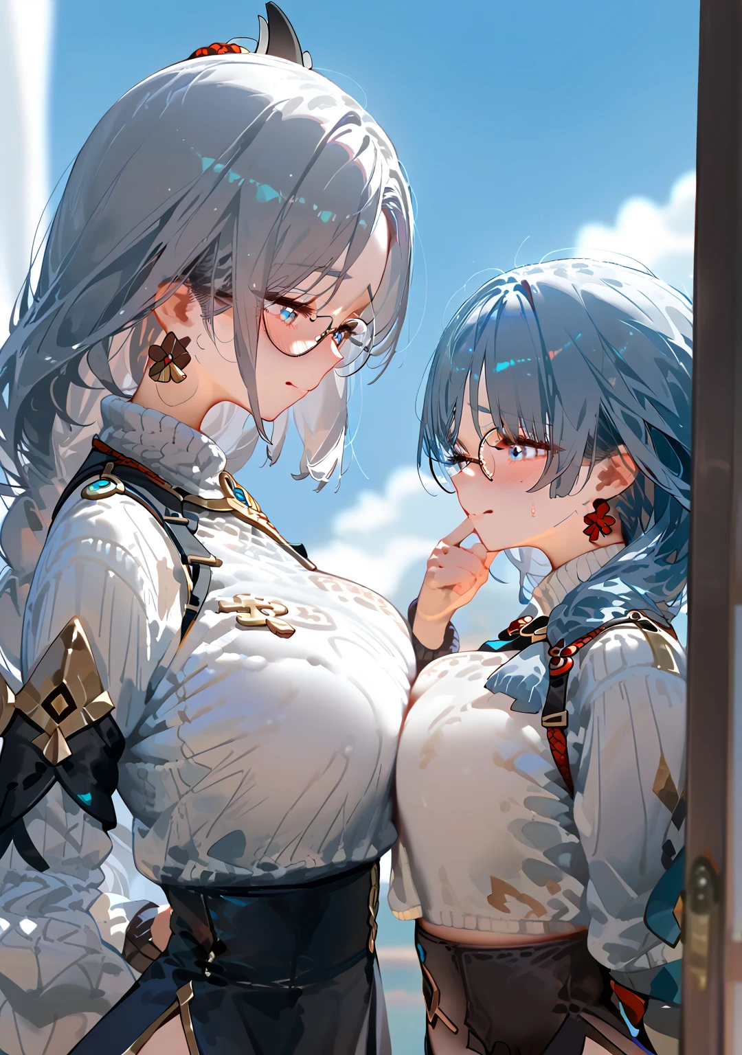 masterpiece, best quality, two heads, purah, red glasses, hair ornament, white jacket, sleeveless shirt, black skirt, upper body, from above, looking at viewer, smile, open mouth, furrowed brow, rustic village