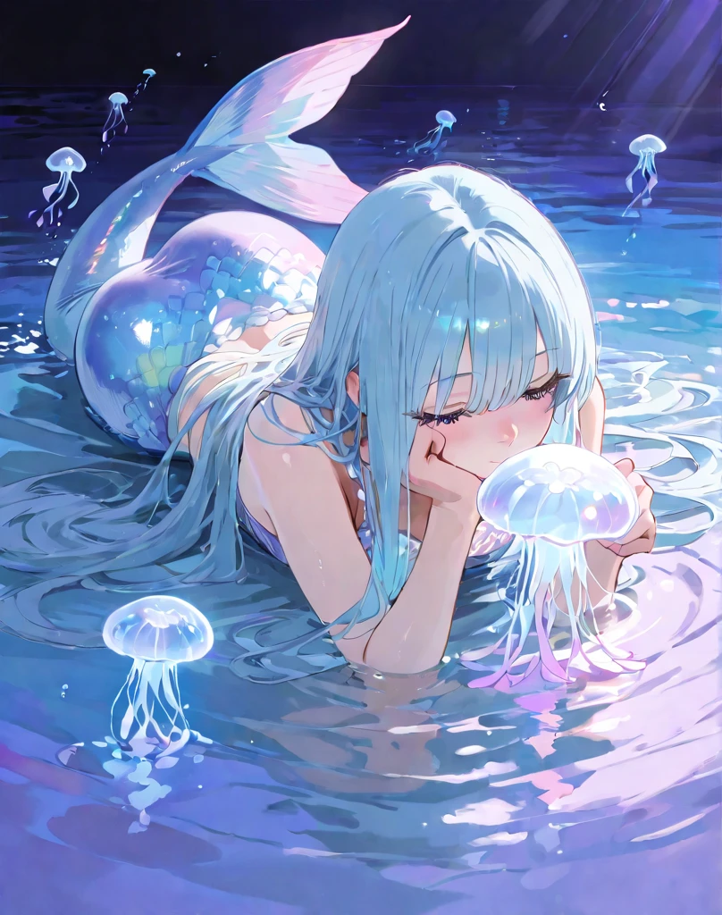 girl with purple hair, braid hair, purple eyes, fish ears, fish tail, mermaid tail, purple royal clothes, sky with star, sea, 8k resolution, sleep in the sea, detail, mermaid