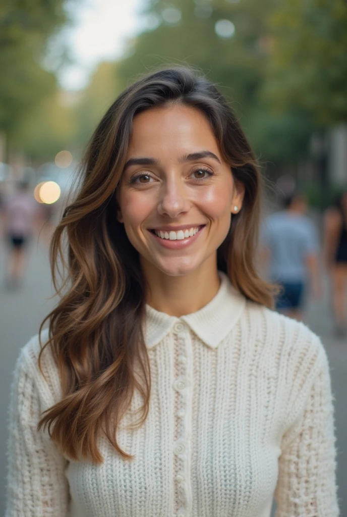 Foto de secuencia RAW, A photo of a 20-year-old teenager, next to a 34-year-old man, Cara detallada, Fondos detallados de bajo desenfoque, caminando por la ciudad tomados de la mano, HDR, foto realista, foto profesional, Coquetear con el espectador, smiling and winking, fotorrealista, Beautiful, 8k UHD, alta calidad, Film grain, Fujifilm XT3