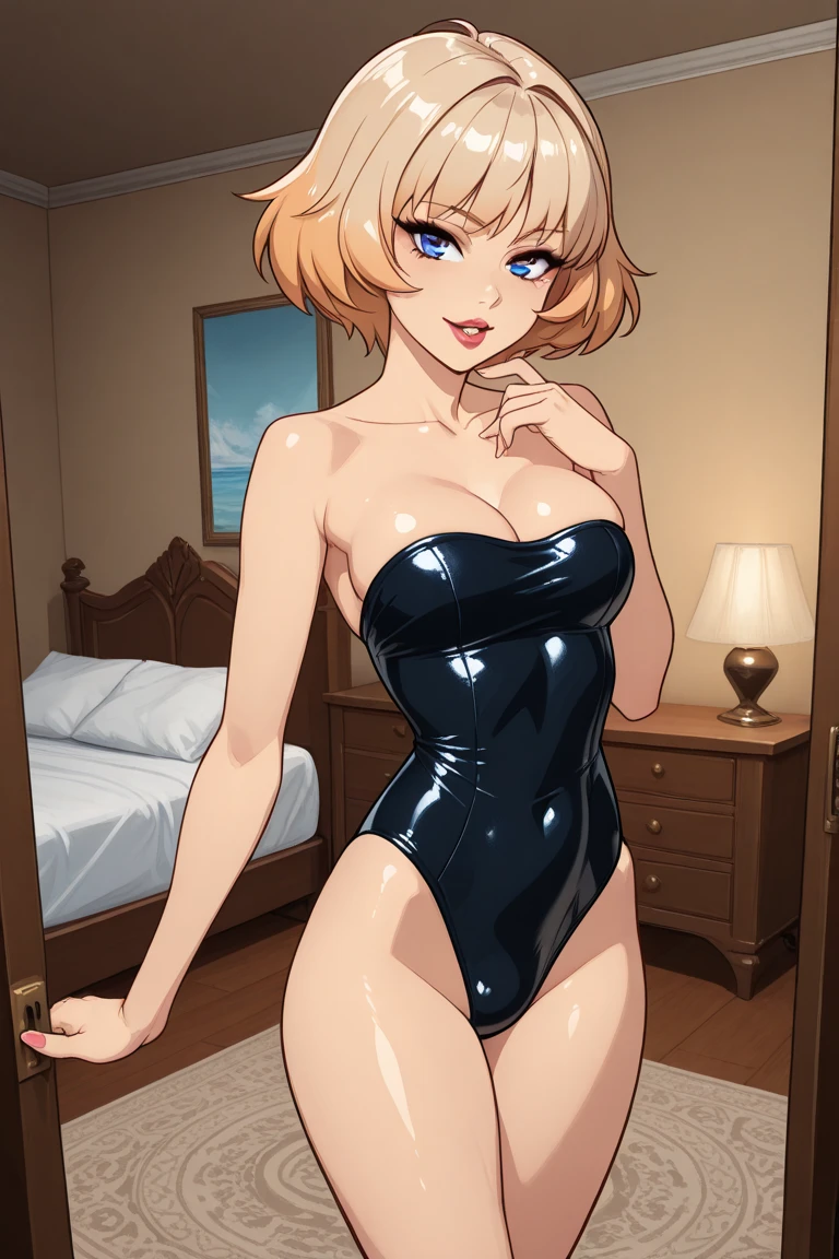 super_shiny, ultra_glossy_silk, young_blonde_clover_from_totally_spies, lying_on_bed, (ultra_silky and ultra_glossy short whiteblue minidress), beautiful body, cleavage, white_lace, ( short_blonde_hair, | straight cut ), silky_bed, silky_sheets, thin_body_and_legs, small_boobs, cleavage, cute_grin, skinny body, realistic_legs, blue_eyes, beautiful, high resolution, 8k