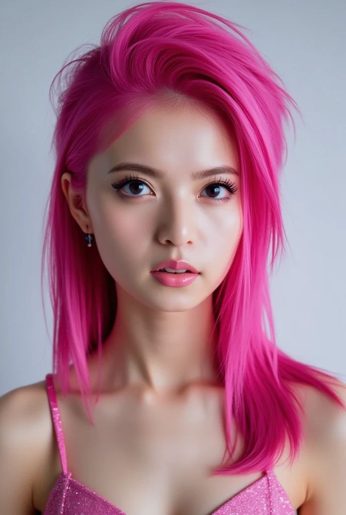 ((Best quality, 8k, Masterpiece :1.3)), 1girl, Pretty woman with emphasizing accentuated super huge enormously gigantic breasts:1.3, (pink hair, random hairstyles :1.2), undersized tank top and mini shorts:1.2, Ultra-detailed face, Detailed eyes, Double eyelid, armpit