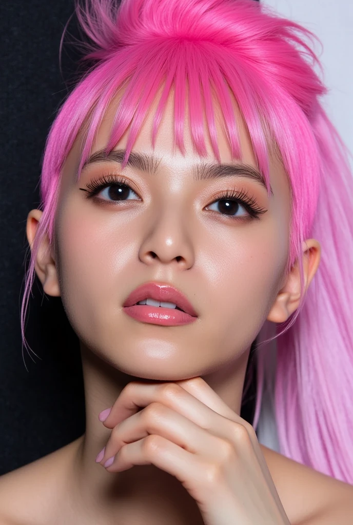 1 girl, Korean model, extremely beautiful, perfect body. Photo taken with Canon EOS R5 85mm f/11 Camera, ((sharp)) mode of people and surrounding scenery. Image quality ((8K)), ((lifelike)), ((masterpiece)), ((sharp and highest contrast)), ((great depth of field)), ((light stereolithography)). ((Pink hair)), long and smooth, the wind blows it beautifully under the bright sunlight. Beautiful face, perfect and sexy, holy, perfectly balanced, ((beautiful in every detail)), ((shiny)), ((high-end cosmetic makeup)), ((shiny bright, radiant)). Bright smile, pure white teeth and details. Seductive glossy red lips, ((brilliant glossy red lipstick)). The eyes are brown, glossy, seductive, ((sharp makeup)), realistic, ((wet eyes)) and detailed. Pink eyeshadow, long eyelashes, blush, high-end cosmetics. Two delicate eyelids, perfectly beautiful and detailed, black eyelashes. Eyebrows are curved, sparse, sharp and detailed. High and detailed nose. Cheeks are prominent and detailed. ((Ivory white, bright white skin)), detailed pores, ((shiny skin)), smooth, rosy, flawless skin texture. Long, shiny legs. Beautiful, perfect hands, ((no flaws)). ((Light shines directly on the face)), bright sunlight, ((shines light on the front part of the girl's body)), ((girl smiles brightly)).
Panoramic photo, breast exposed, vagina exposed, steamy.