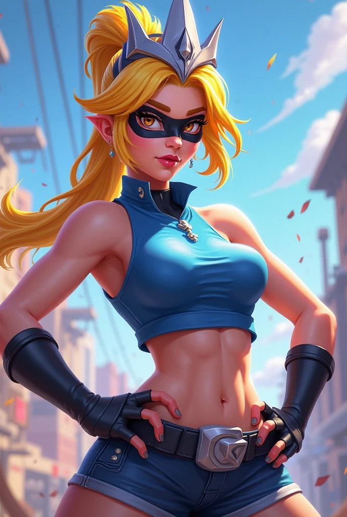 Imagine Princess Peach as a reveled female bounty hunter, with tattoos, in a crime neighborhood in a city and a cyber-punk era.