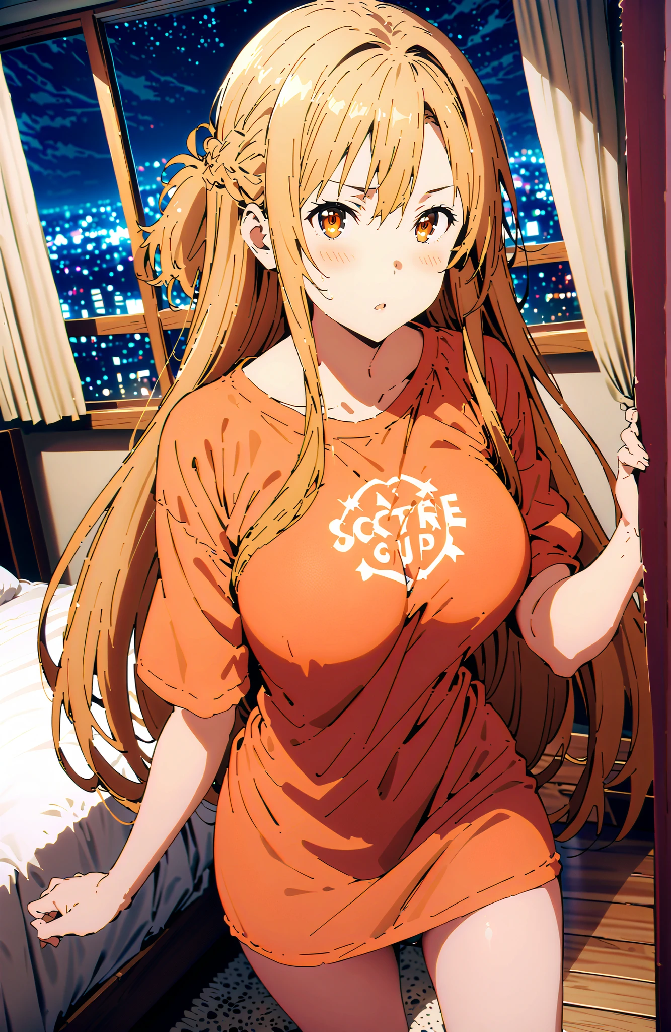 score_9, score_8_up, score_7_up, source_anime,  Asuna Yuki , long hair, bungs, Hair,brown eyes in the bedroom,Big Breasts,half updo,oversized t-shirt,black string panties,Bare legs,standing, Beautiful Streetscapes, beautiful night view with depth,embarrassing,mouth,blush,interior,curtains, bet,window,full bodyがイラストに入るように,in their 40s looking at viewer,full body,
in their 40s indoors, bedroom,
in their 40s (masterpiece:1.2), best quality, high resolution, Unity 8Kの壁紙, ( 's art :0.8), (beautiful detailed eyes:1.6), very detailed face, perfect lighting, very detailed CG, (perfect hand in h, Perfect Anatomy),