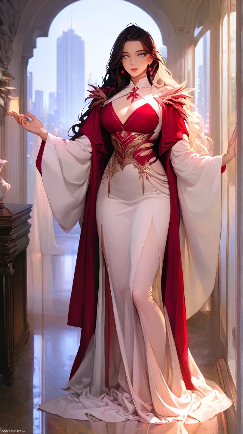 Len,Photorealistic, High resolution, 1 female, Lift your hips high, Tabletop、Very beautiful eyes, Gray Hair, Long Hair, Tattoo, gem, Red and gold dress, Tierra, Sleep on your back,Perfect body,Overhead Shot,Full Body Lesbian,Fantastic light shines in,Microscopic glowing particles envelop her