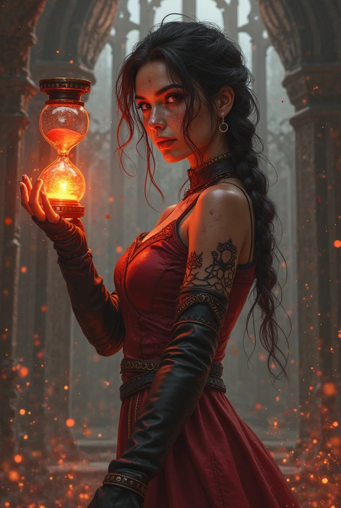 Character Design reference. A woman with a soul of pure evil and hatred. Alluringly posed, A confidant, sexy pose of a Beautiful and powerful evil nazi supervillain woman with medium length brunette layered hair, green eyes, and red lips, a sinister look across her face.  She is wearing a black choker with a red ruby swaztika on it, sleek gray pleated minidress with a red swaztika on her red armband,and posing with a glowing artifact of immense power in her hands. In the background are hundreds of mind controlled costumed heroes in chains.