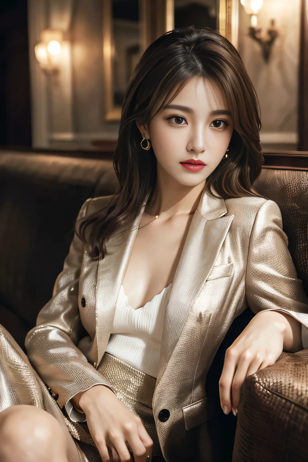 masterpiece, Highest quality, Realistic, Very detailed, Finer details, High resolution, 8k wallpaper, One beautiful woman, Wear a nice suit, In a great restaurant, At night, Light brown messy hair, Perfect dynamic composition, Beautiful and beautiful eyes、Big earrings、Sit on the sofa、