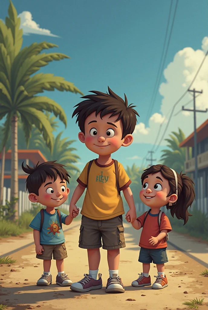 Creat a image a 2 boy carri a 5 year boy